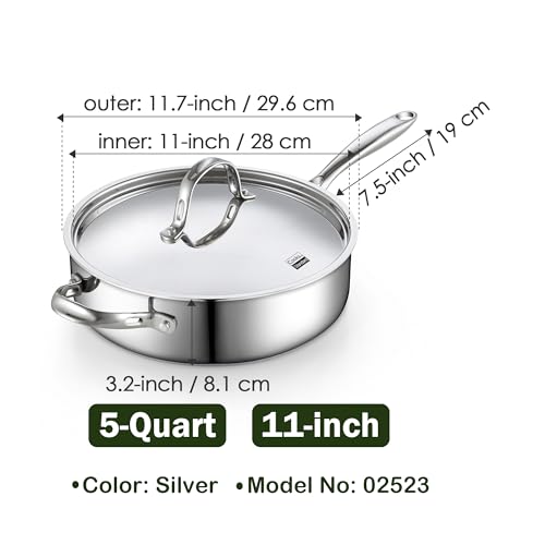 Cooks Standard Classic Stainless Steel Saute Pan 11-inch, 5 Quart Induction Cookware Deep Frying Pan Cooking Skillet with Lid, Stay-Cool Handle