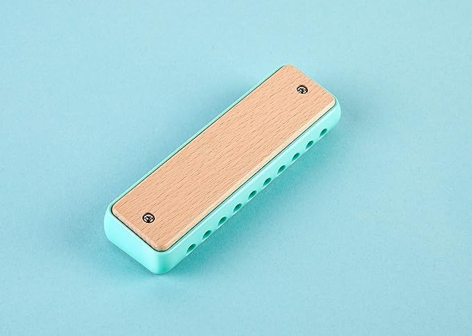 Hape Blues Harmonica | 10 Hole Wooden Musical Instrument Toy for Kids, Blue-Green (E8916)