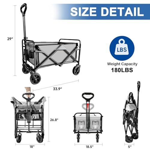 Collapsible Foldable Wagon, Beach Cart Large Capacity, Heavy Duty Folding Wagon Portable, for Outdoor Sports, Shopping, Camping, Gray