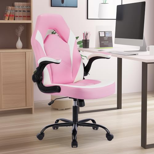 Gaming Ergonomic Office Chair for Adults, Height Adjustable Computer Desk Chair with Flip-up Armrests, PU Leather Swivel Video Game Chair with 360° Rolling Wheels, Pink