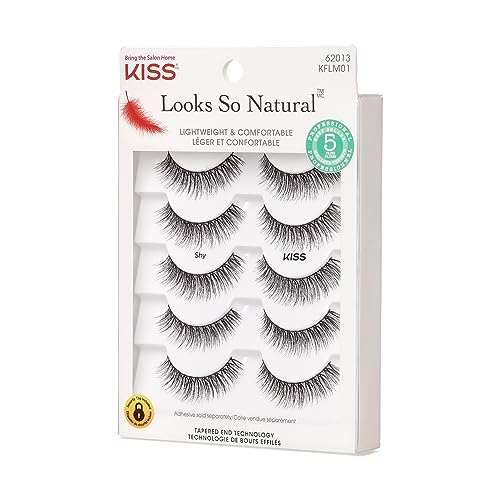 KISS Looks So Natural, False Eyelashes, 'Shy', 12 mm, Includes 5 Pairs Of Lashes, Contact Lens Friendly, Easy to Apply, Reusable Strip Lashes, Glue On
