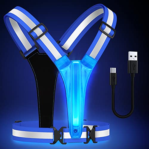 Fokia Kunbio LED Reflective Running Vest Gear,Light Up Vest Runners Night Walking USB Rechargeable,Up to 11hrs Light with Adjustable Waist/Shoulder for Women Men Kids (Blue)