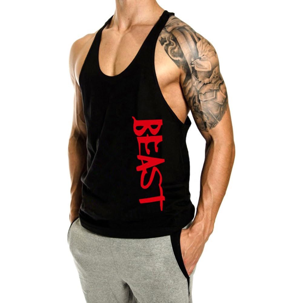 InleaderAesthetics Men's Tank Tops Sleeveless Shirts Y-Back Gym Workout Stringer Tank Tops Bodybuilding Fitness T-Shirts - Black-L