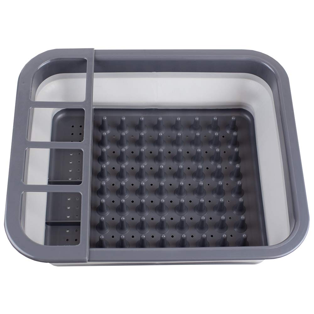 Home Basics Silicone and Plastic Easy Storage Collapsible Dish Rack with Cutlery Holder (Grey)