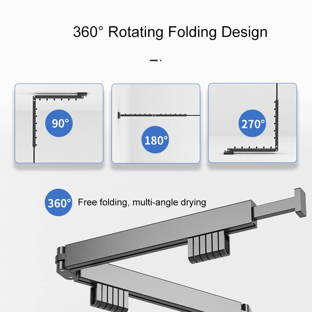 Clothes Drying Rack Wall Mounted, Retractable Garment Rack with Hooks, 360° Rotating Tri-Collapsible Laundry Clothes Drying Rack for Balcony, Laundry, Bathroom (black)