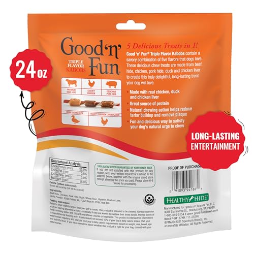 Good ‘n’ Fun Triple Flavor Kabobs Chews for All Dogs, 24 Ounces, Treat Your Dog to Chews Made from Beef Hide, Real Chicken, Pork Hide, Duck and Chicken Liver