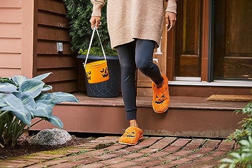 Dearfoams Unisex Spooky Fuzzy Halloween Jack o Lantern Slipper, Adult Pumpkin, 13-14 US Women