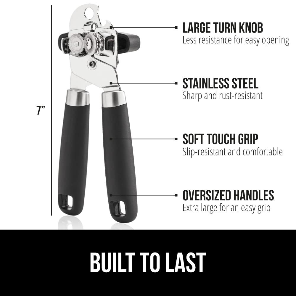 GORILLA GRIP Heavy Duty Stainless Steel Smooth Edge Manual Can Opener and Bottle Openers, Soft Comfortable Handle, Oversized Handheld Turn Knob, US Designed Multifunctional Kitchen Tool, Black