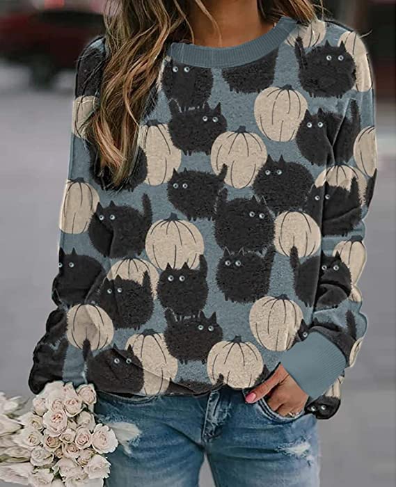 Halloween Shirts for Women Cute Pumpkin Graphic Sweatshirts Long Sleeve Crewneck Sweaters Shirts Loose Fit Blue S