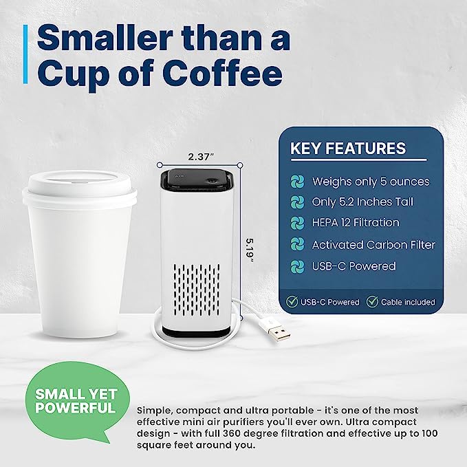 KIKI PURE A1 2021 Mini HEPA USB-C Powered Air Purifier. Ultra Portable (5.2in tall, 6.7 ounces), Ultra Quiet. for Travel, In-Car and Desktop (White) - 2 pcs