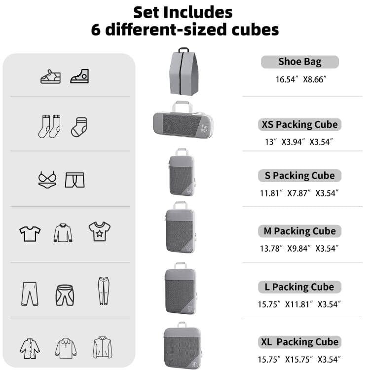 6 Set compression packing cubes travel accessories,Expandable Packing Organizers for Travel,Essentials Luggage Travel Bags,Packing Cubes for Suitcases, Cube Accessories for Women/Men
