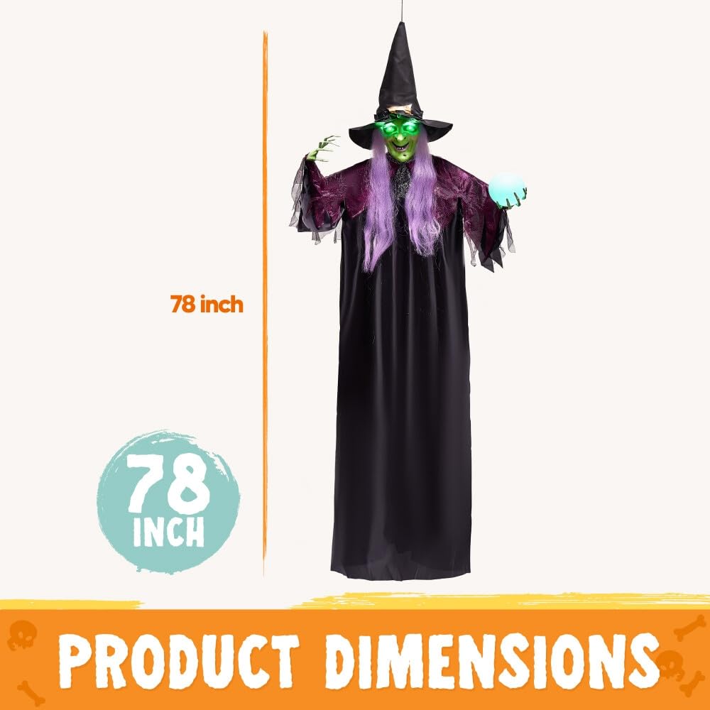 JOYIN 78" Hanging Witch Decor with Magic Ball Halloween Decorations Outdoor, Swing Flying Witch Halloween Porch Decor Party Supplies Sound Activated Light Up Eyes Lawn Yard Garden Door Haunted House