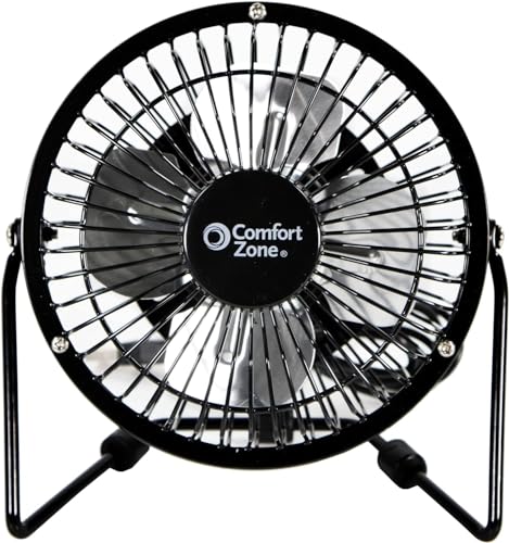 Comfort Zone 4-inch All-Metal Desk Fan with USB or Power Cord, Single Speed, 360 Degree Adjustable Tilt, Compact & Durable Mini Electric Fan for Home, Office or Travel Use, Black