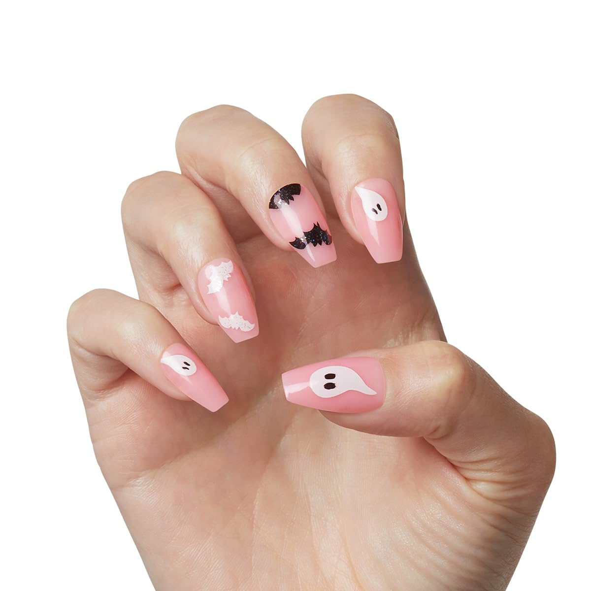 KISS Voguish Fantasy Halloween Nails, Black & White, Medium Length, Coffin Shape, Pink Gel Nail Glue (2g), Mini Nail File, Manicure Stick, & 28 Fake Nails