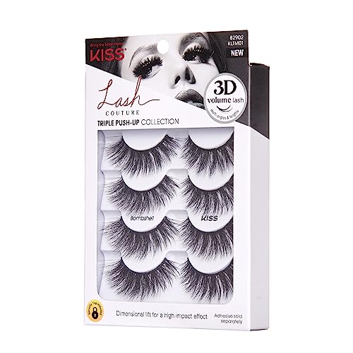 KISS Lash Couture Triple Push-Up False Eyelashes, 'Bombshell', 14 mm, Includes 4 Pairs Of Lashes, Contact Lens Friendly, Easy to Apply, Reusable Strip Lashes