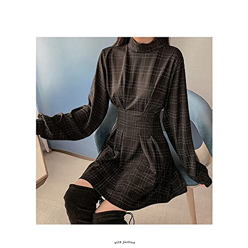 Goth Long Sleeve Dress Gothic Harajuku Vintage Plaid Wrap Balck Mini Dress Retro Pleated Punk Long Sleeve Dark Emo(Gray Grid,L)