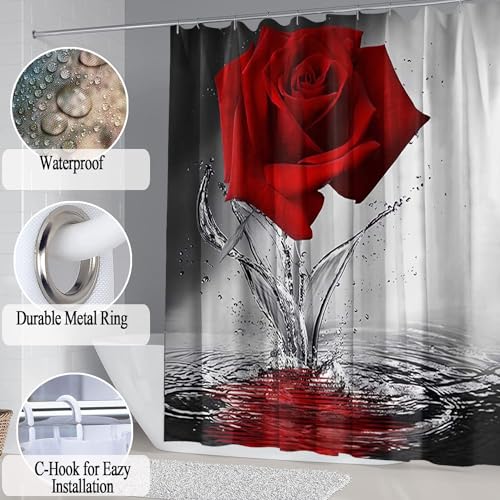 4Pcs Red Rose Shower Curtain Sets, Romantic Water Red Rose Bathroom Sets with Shower Curtain and Rugs Toilet Lid Cover Bath Mat, Waterproof Fabric Rose Gift Halloween Shower Curtains with Hooks
