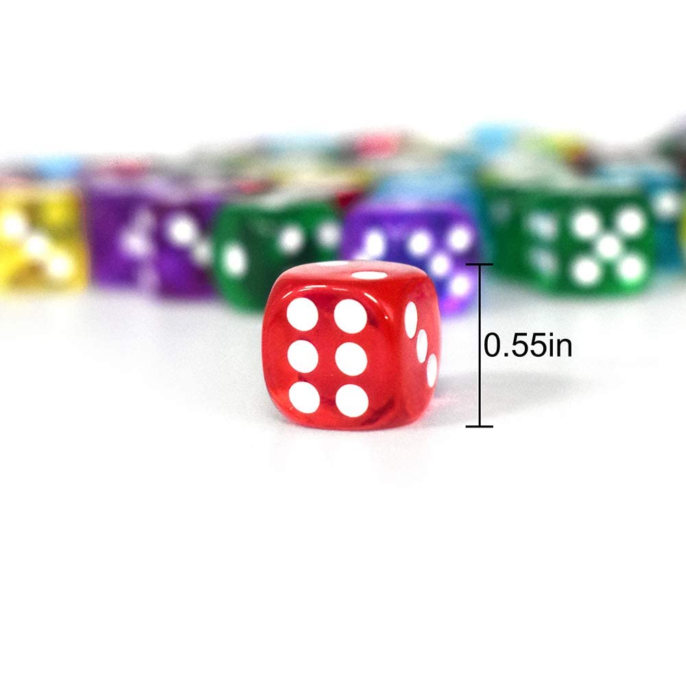 50 of Pack 14MM 6 Sided Dice Set Translucent Colors Dice, with Black Pouch for Board Game