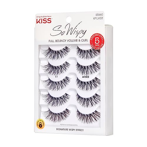 KISS So Wispy, False Eyelashes, 'Style #11', 12 mm, Includes 5 Pairs Of Lashes, Contact Lens Friendly, Easy to Apply, Reusable Strip Lashes, Glue On, Mulitpack