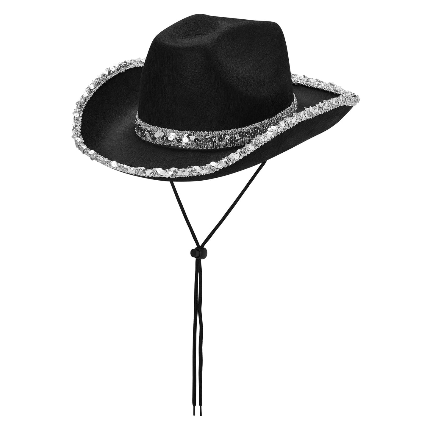 Juaugusep Western Cowboy Costume Set Bandana Wide Brim Western Style Sequins Cowgirl Hats & Tassel Scarf 2PCS Set for Party (Black Sequin, 2Pcs)