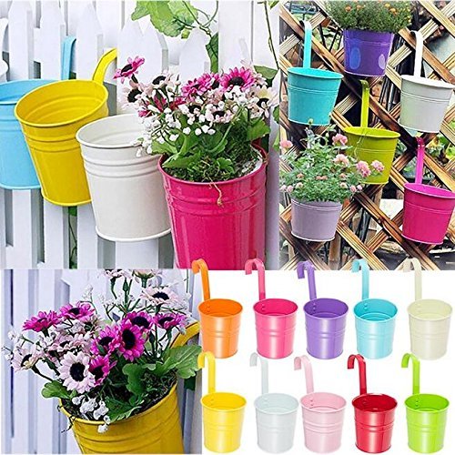 KINGLAKE Flower Pots,10 Pcs Metal Iron Hanging Flower Plant Pots Balcony Garden Plant Planter Baskets Fence Bucket Pot 4'' Flower Holders with Detachable Hook