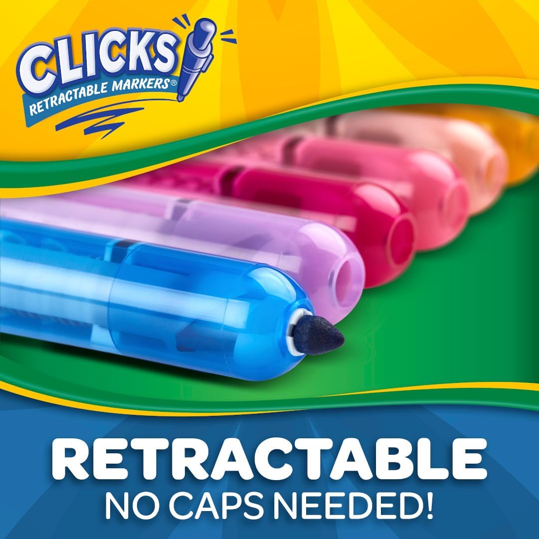 CRAYOLA Clicks, Retractable Art Markers, 10 Vibrant, Washable Coloured Markers, Keep Markers Safe in Retractable Barrel So Ink Won't Dry Out, Perfect for Colouring, Projects and More, 58 8370