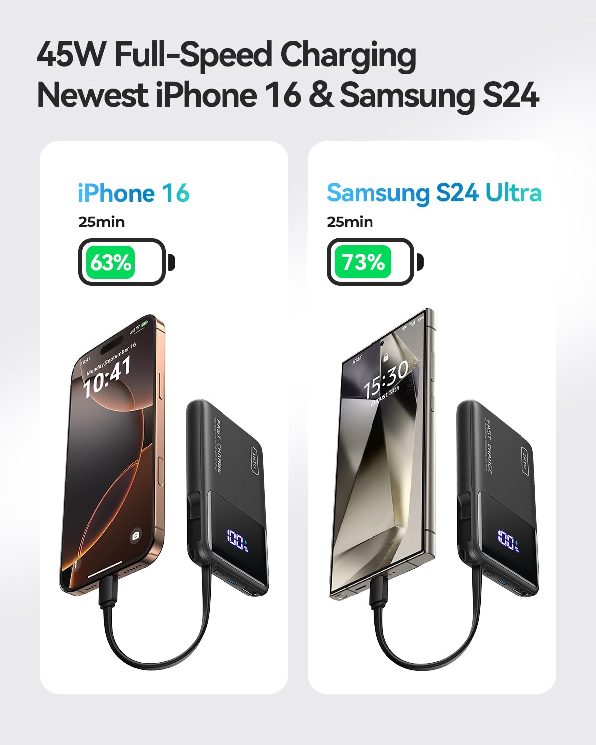 INIU 45W Power Bank, Slimmest 10000mAh Portable Charger with Build in USB-C Cable, Fast Charging USB C in&Out Battery Pack, Travel External Phone Charger for iPhone 16 15 Samsung S24 S23 Google etc