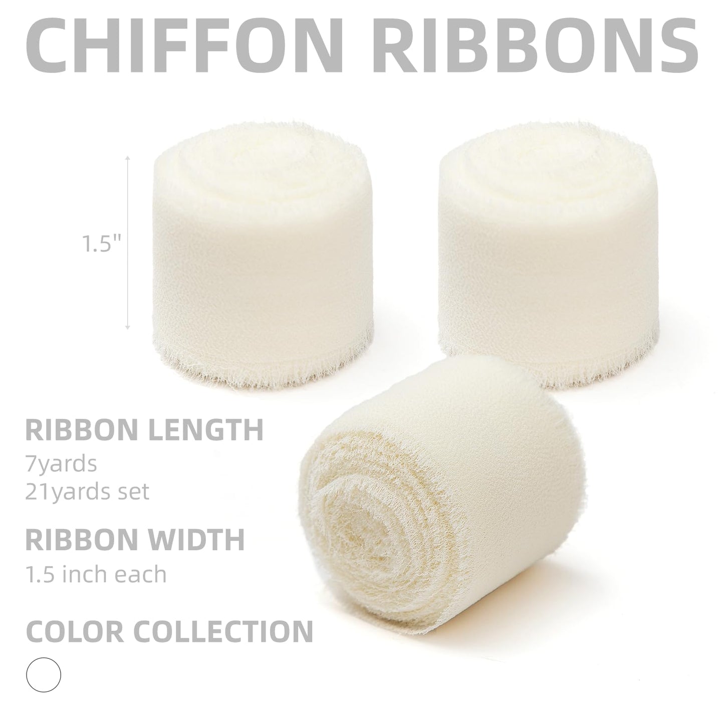 KEOSREE 3 Rolls Cream White Handmade Chiffon Ribbon,1.5" x 21Yd Frayed Fringe Silk Ribbons (3 Rolls *7Yd) for Gifts Wrapping, Wedding Invitations, Bridal Bouquets, Decorations