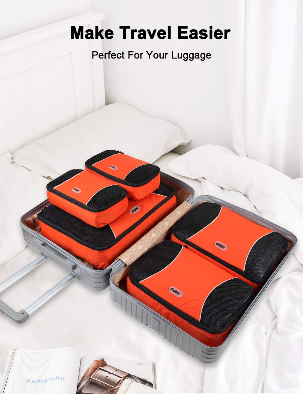 GOX Ultra Light 5 piece Packing Cubes Travel Luggage Organizer 1 Large 2 Medium 2 Small (Orange)