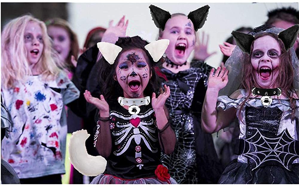 Faux Fur Cat Ears Hair Clip Furry Wolf Fox Long Tail Costume Halloween Party Neck Chocker Cosplay Set (Black)