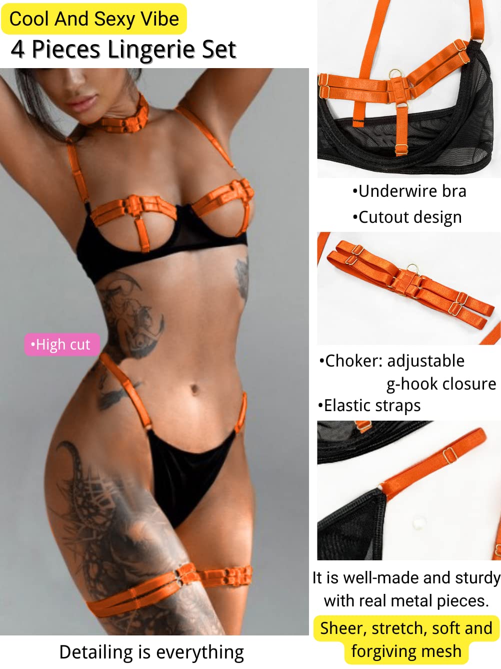 Kaei&Shi Sexy Bra And Panty Sets,Glow In The Dark Blacklight Choker Lingerie For Women,Underwire Strappy Thong Sheer Matching 4 Piece Sexy Lingerie Set Boudoir Orange Medium