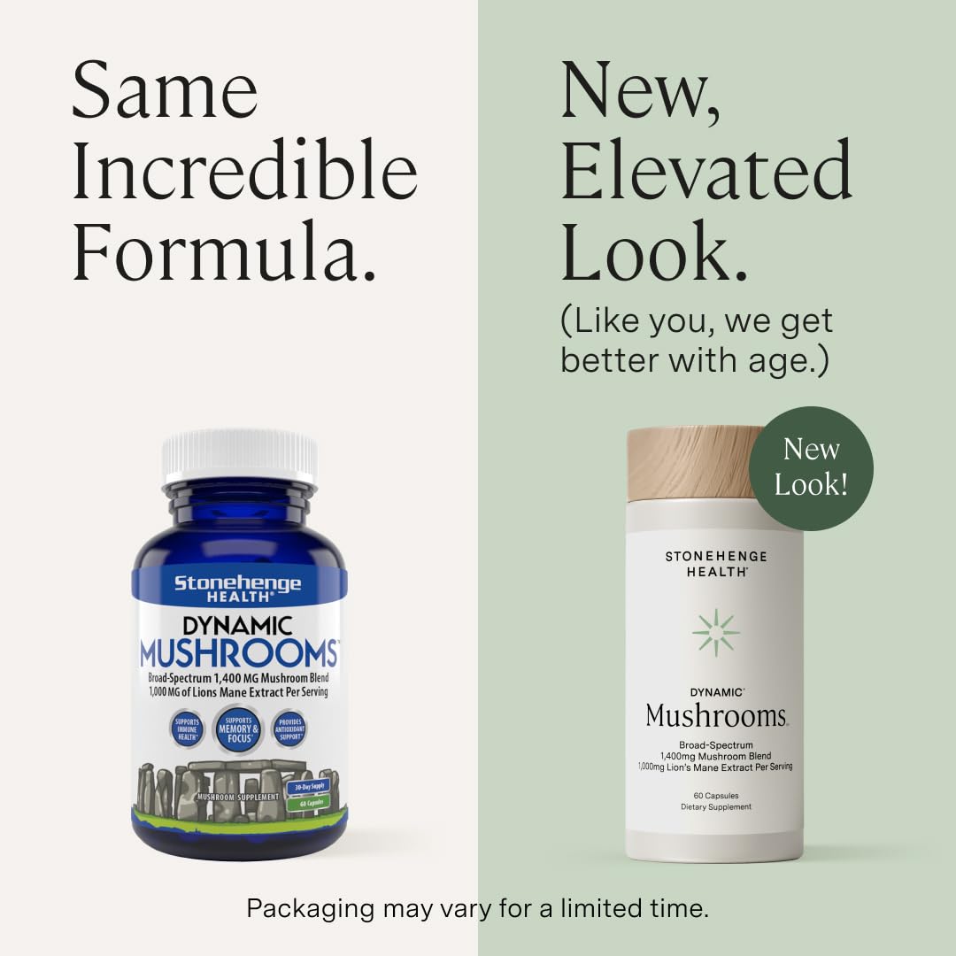 Stonehenge Health Dynamic Mushrooms - 100% Fruiting Bodies & Extracts - Lion’s Mane, Chaga, Maitake, Shiitake, Reishi - Nootropic Brain & Immune System Support - No Mycelium - 60 Veggie Capsules