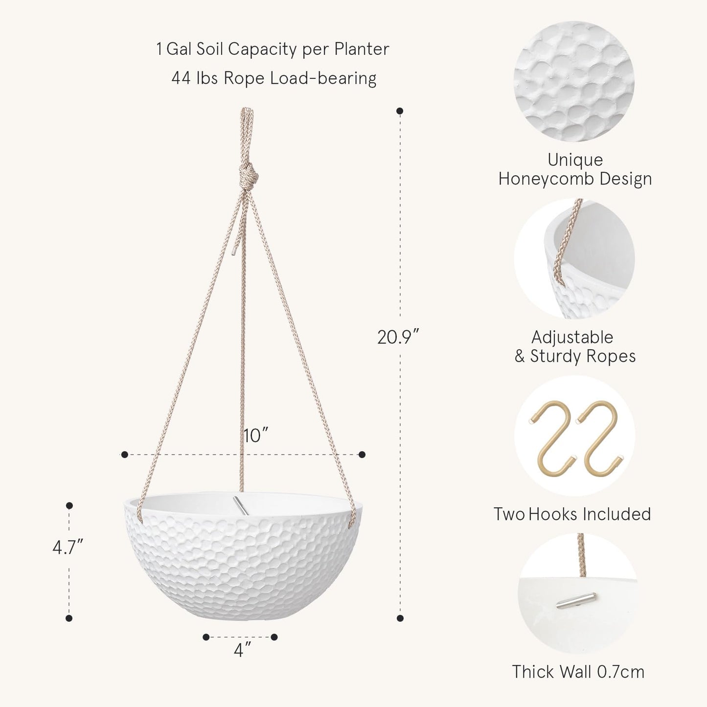 LA JOLIE MUSE 10 Inch Hanging Planters for Indoor Plants, Outdoor Garden Planter Pots, White, Honeycomb, Set of 2