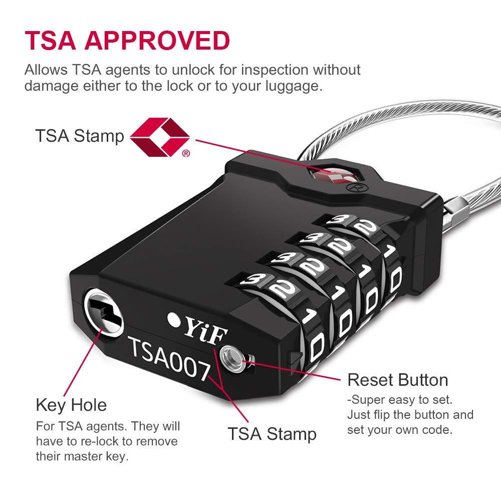 ZHEGE TSA Approved Luggage Lock, 1-Pack, Black, Combination Lock, 10,000 Combination Options, 5.5in Flexible Cable, Easy to Use, Secure & Solid, Suitable for Luggage, Backpacks, Briefcases