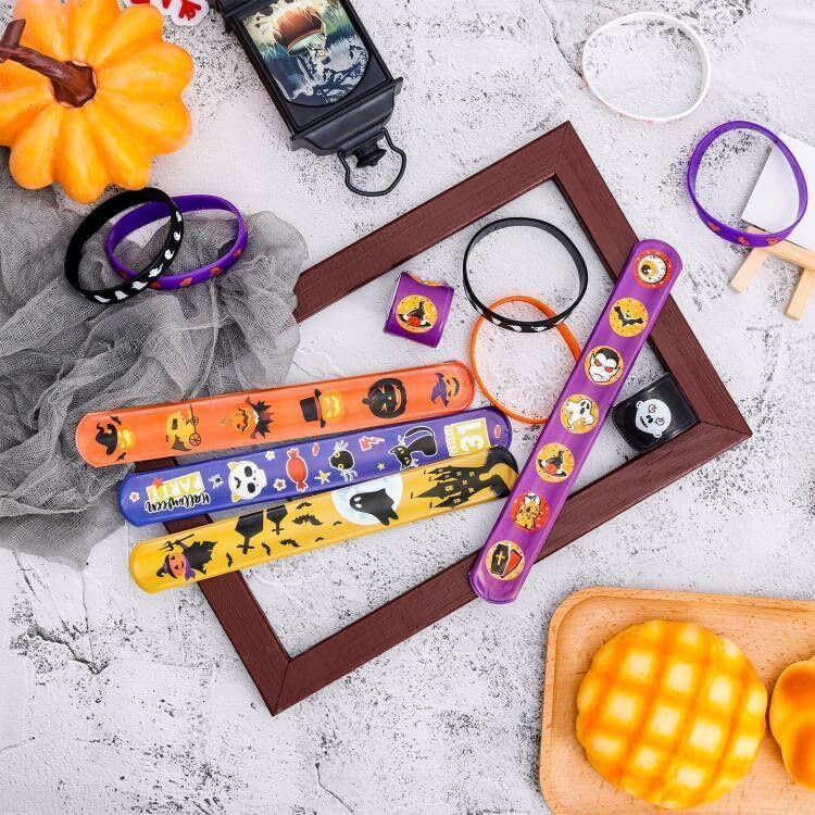 Garma 48Pcs Halloween Slap Bracelets Rubber Wristbands for Halloween Party favors, Kids Girls Boys Toddlers Halloween Gifts