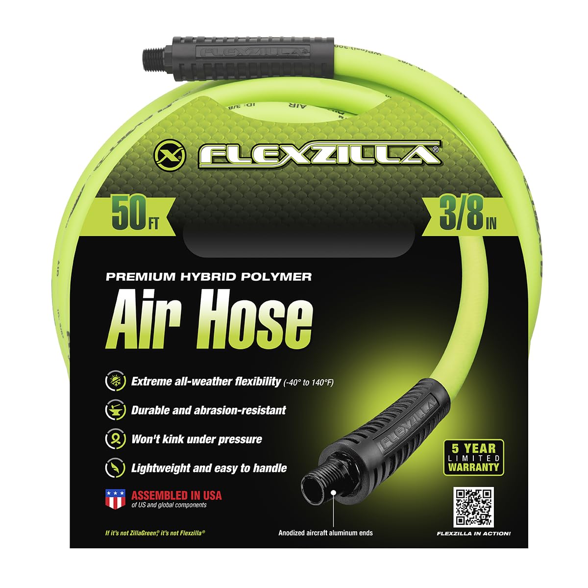 Flexzilla Air Hose, 3/8 in. x 50 ft., 1/4 in. MNPT Fittings, Heavy Duty, Lightweight, Hybrid, ZillaGreen - HFZ3850YW2
