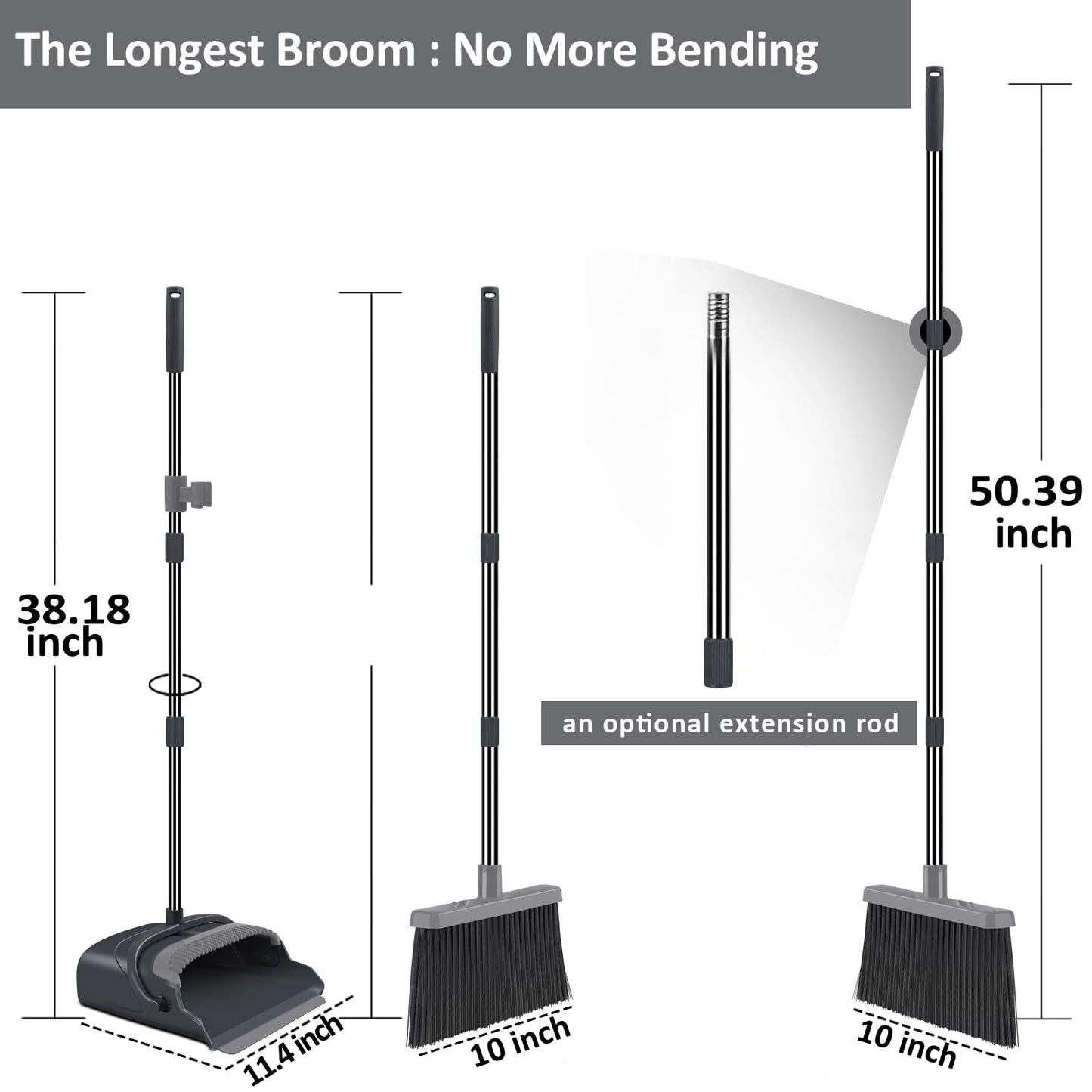 kelamayi Broom and Dustpan Set for Home, Office, Indoor&Outdoor Sweeping, Stand Up Broom and Dustpan (Black&Gray)