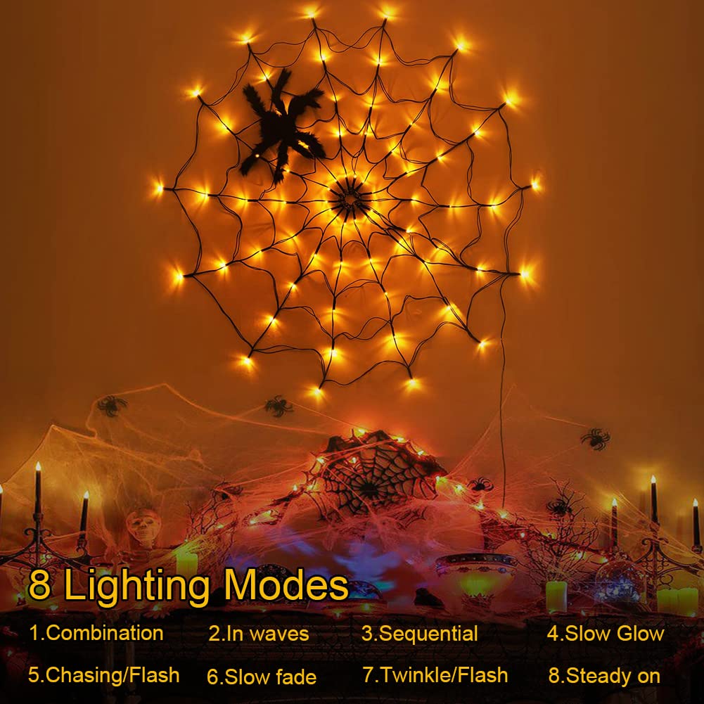 Halloween Decorations Spider Web Lights - 4FT Diameter 70 LEDs with Black Spider, Waterproof Net Lights, Remote Control, 8 Modes Cobweb Halloween Decorations for House Garden Indoor Outdoor (Orange)