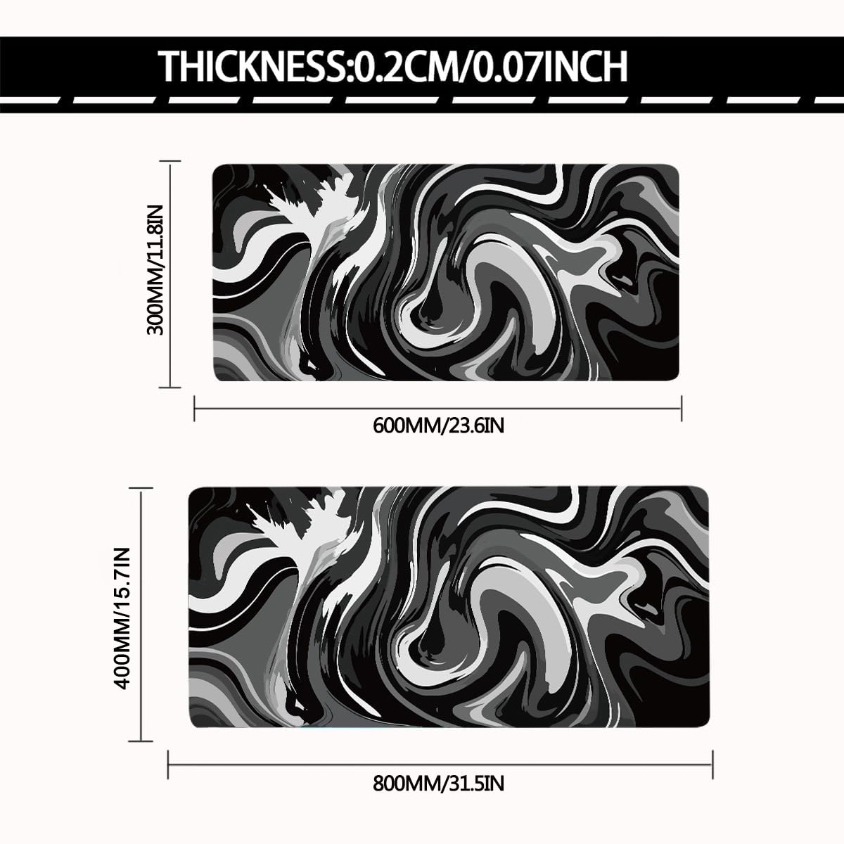 Large Gaming Mouse Pad - Black and White Mouse Pad with Stitched Edges, Extended XL Mousepad with Anti-Slip Rubber Base, Ink Liquid Wave Desk Mat for Keyboard and Mouse(31.5x15.8 inch)