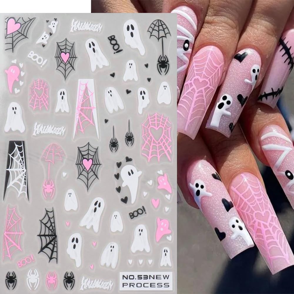 Halloween Nail Stickers, Halloween Nail Art Decals 3D Self-Adhesive Pink Ghost Skull Spider Pumpkin Nail Design DIY Holiday Nail Decoration for Party (6 Sheets)