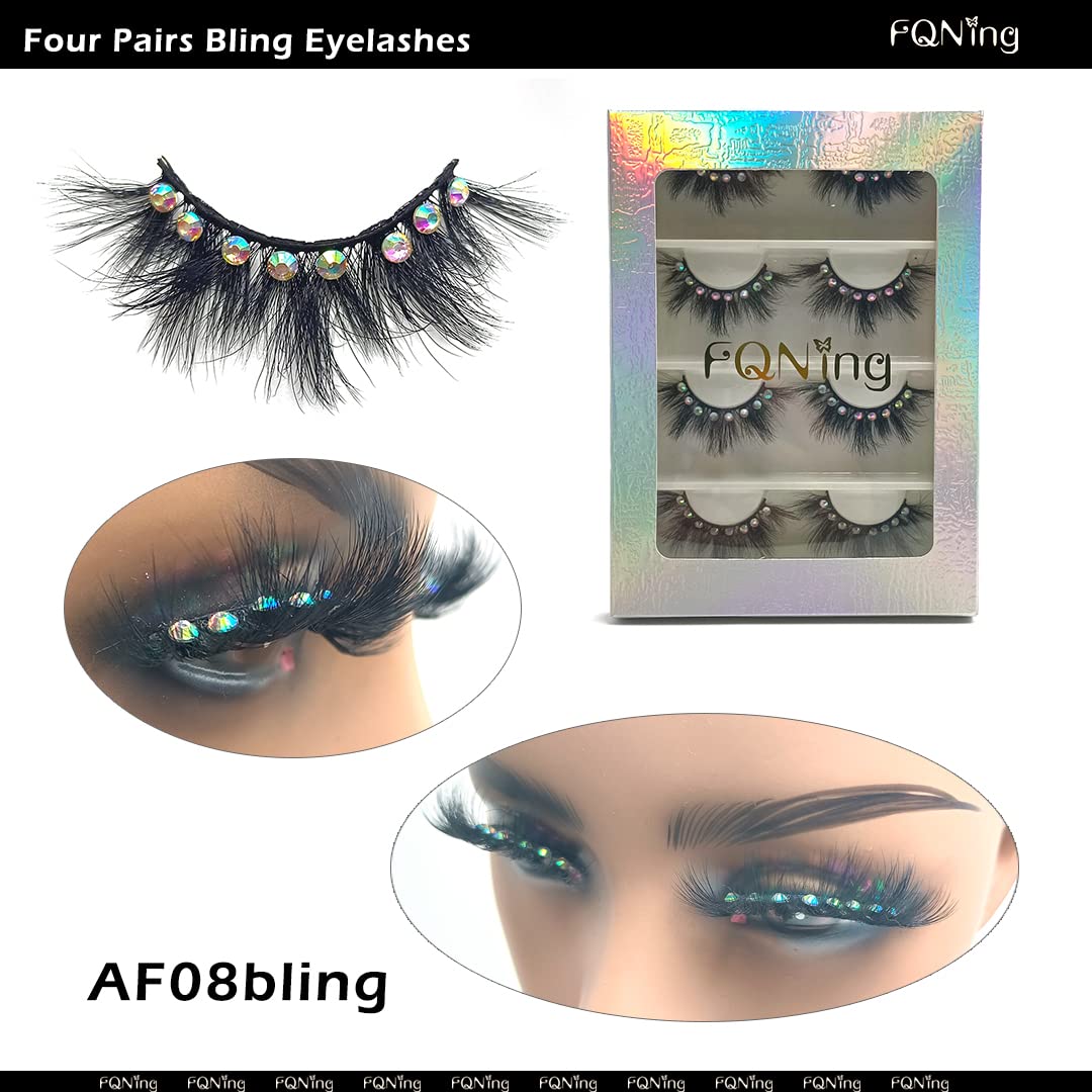 False Eyelashes with Glitter Rhinestones On, Bling Lashes 2023 Sparkle Full Strip Mink Eyelash 4 Pairs… (AF08bling)