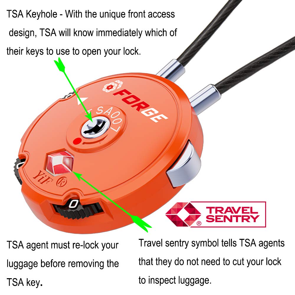 Forge Quality TSA Approved Luggage Locks for Travel Accessories, Suitcase, Pelican case, Set Your own Combination, Zinc Alloy Body-Cable Locks Orange 2 Locks