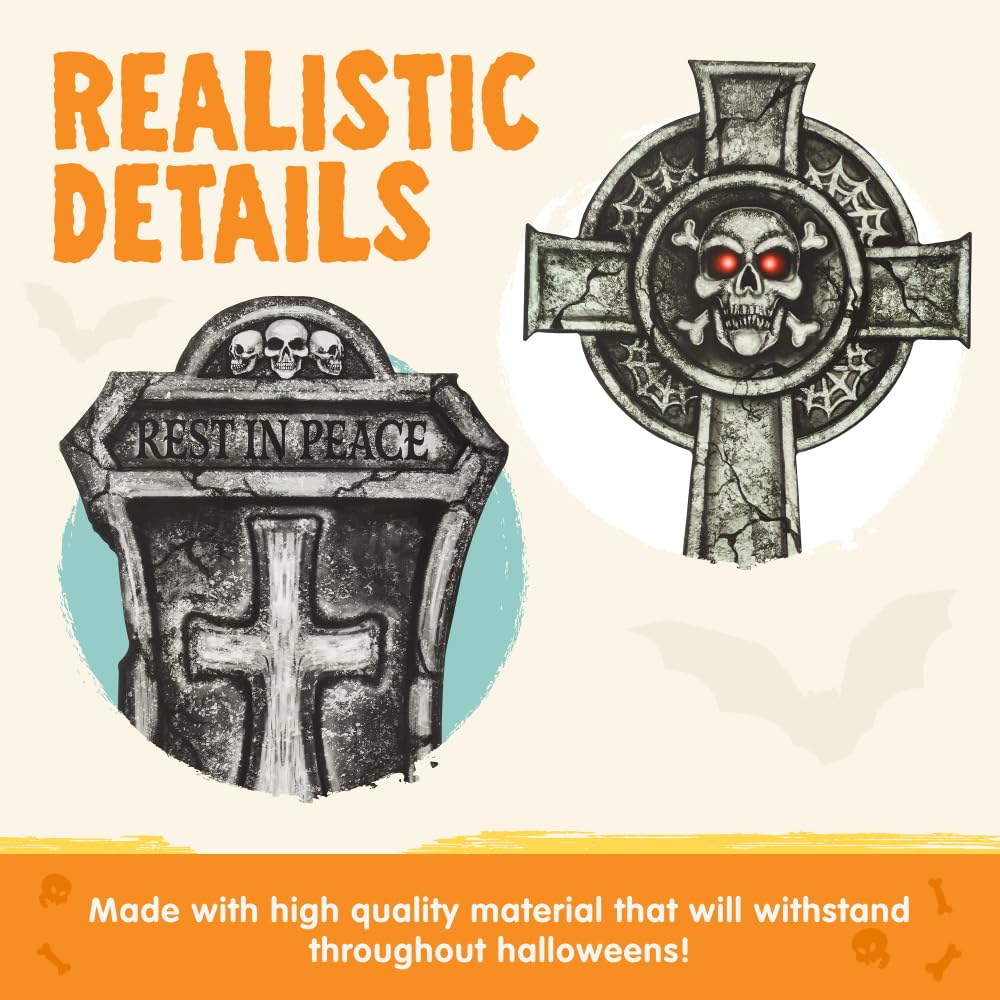 JOYIN 16" 9 Pcs Halloween Tombstones Decorations Outdoor, Graveyard Yard Lawn Plastic Headstones with 18 Metal Stakes for Halloween Cemetery, Indoor Decorations, Prop, Party Decor Supplies