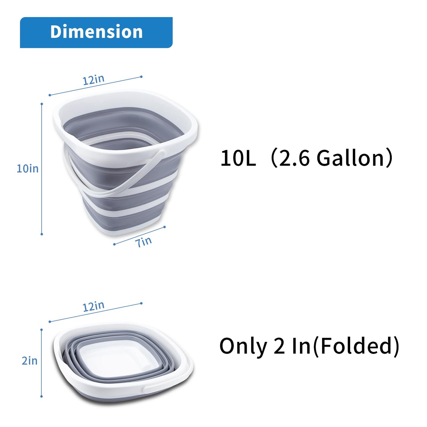 Craftend Collapsible Bucket 10L 2.6 Gallon Cleaning Bucket Mop Bucket Folding Foldable Portable Small Plastic Water Supplies for Outdoor Garden Camping Fishing Car Wash Space Saving Grey Square