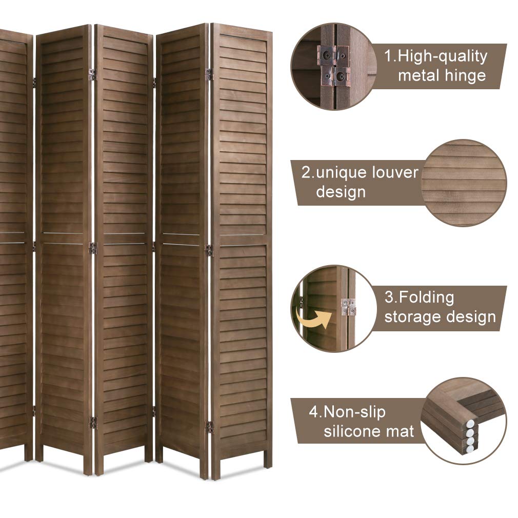 6 Panel Wood Room Divider 5.75 Ft Tall Privacy Wall Divider Folding Wood Screen 68.9" x 15.75" Each Panel for Home Office Bedroom Restaurant (Brown)