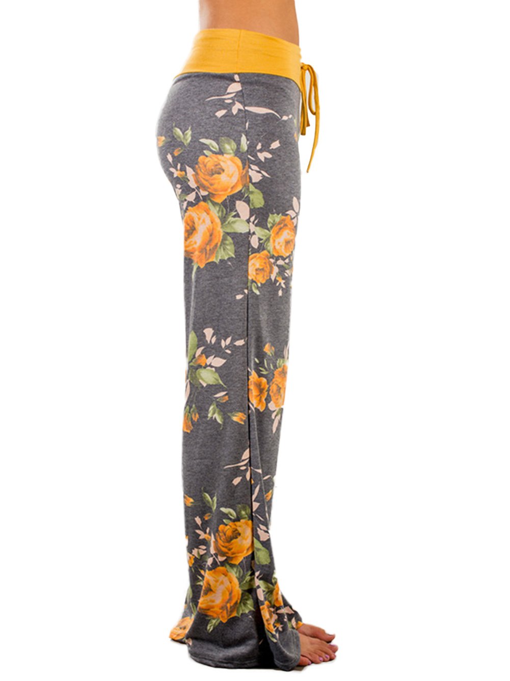 iChunhua Women's Comfy Stretch Floral Print Drawstring Palazzo Wide Leg Lounge Pants(XL,Yellow)