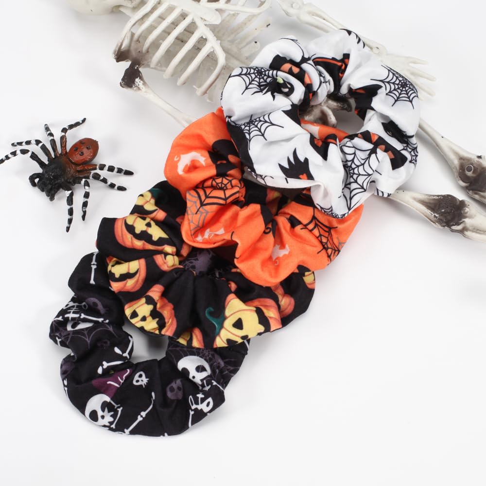 4pcs Halloween Hair Ties Elastics Hair Scrunchies Pumpkin Ghost Skeleton Spider Web Bats Hair Accessories for Women Girls Ponytail Holder Hair Band Ropes