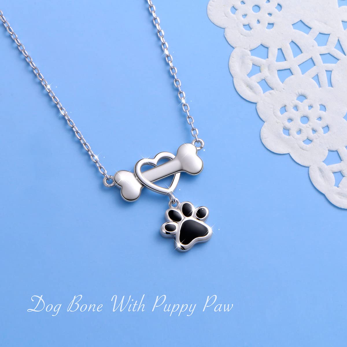 DAOCHONG 925 Sterling Silver Forever Love Heart Dog Bone with Puppy Paw Pendant Necklace for Women Dog Lover Jewelry Graduation Gifts