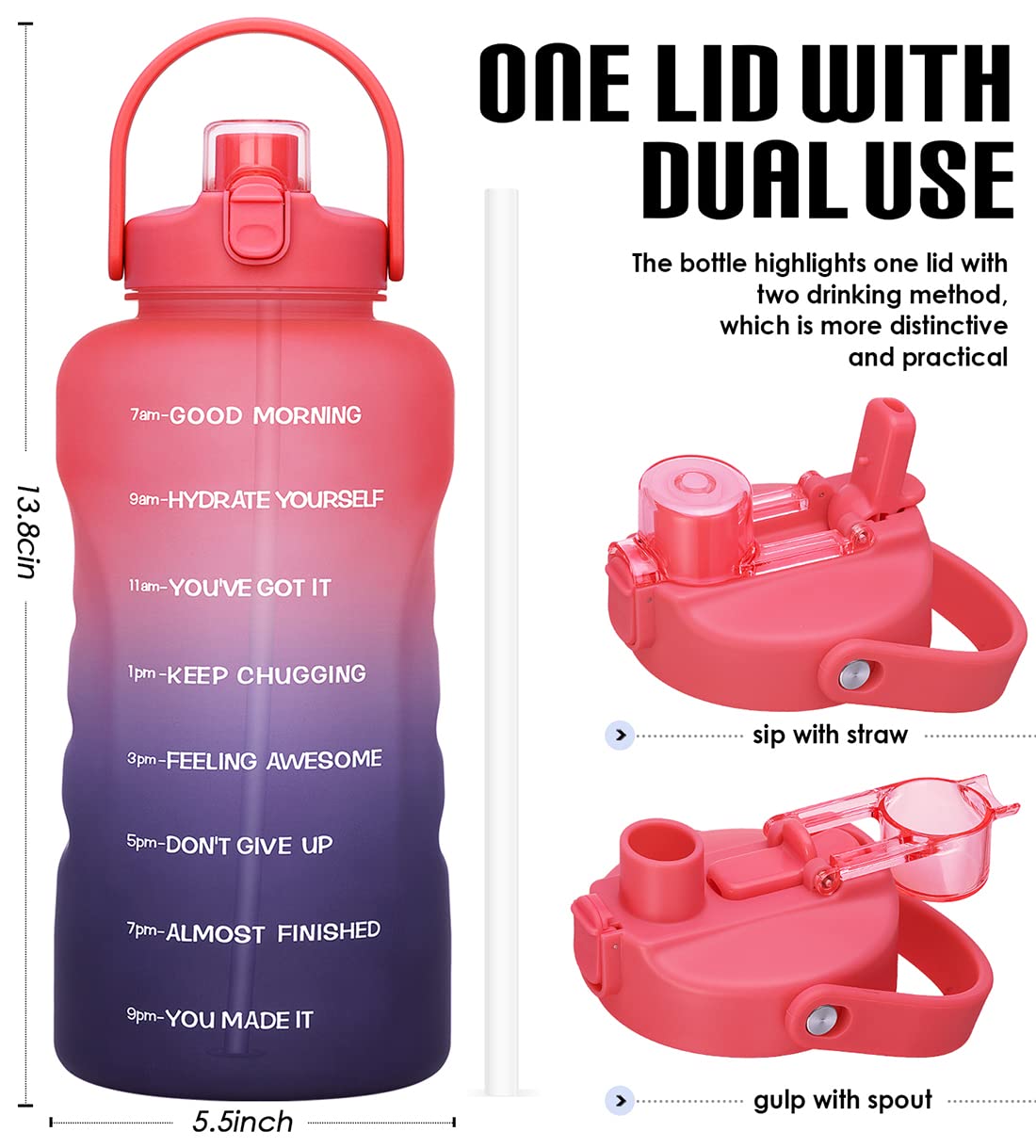 HydroPal 1 Gallon Water Bottles with Straw, 128 oz / 3.8L Water Bottle BPA Free Innovative 2-IN-1 Lid Gym Bottle with Times to Drink Motivational, Large for Sports Fitness Camping Water Jug One Gallon