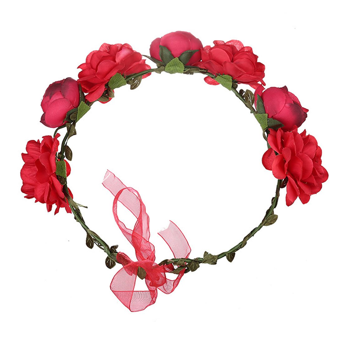 June Bloomy Women Rose Floral Crown Hair Wreath Leave Flower Headband with Adjustable Ribbon (Red)